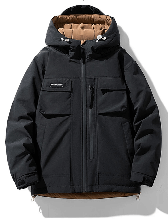 Men's black puffer jacket with hood and pockets, SF2115, featuring water-resistant shell and warm down filling for winter.